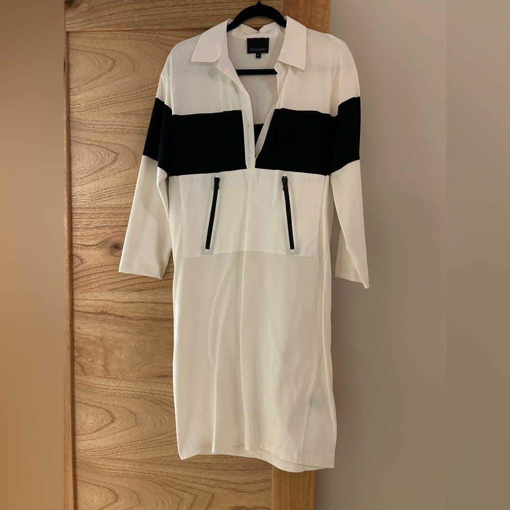 Cynthia Rowley Rugby Striped Cotton Knit Shirt Dress White Black Size XS